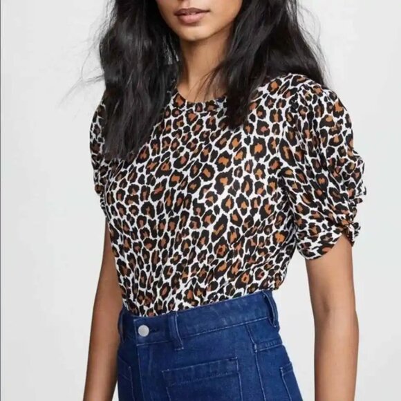 A.L.C. Kati Leopard Tee Size XS Animal Print Short Ruched  Sleeve Top Cotton - Picture 4 of 4